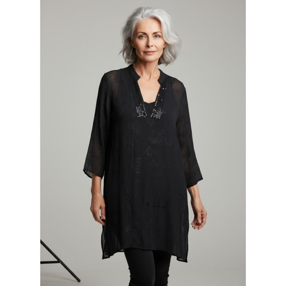 Chico's Black Embroidered Sheer Silk Chiffon Tunic Top/Dress Size 3/XL